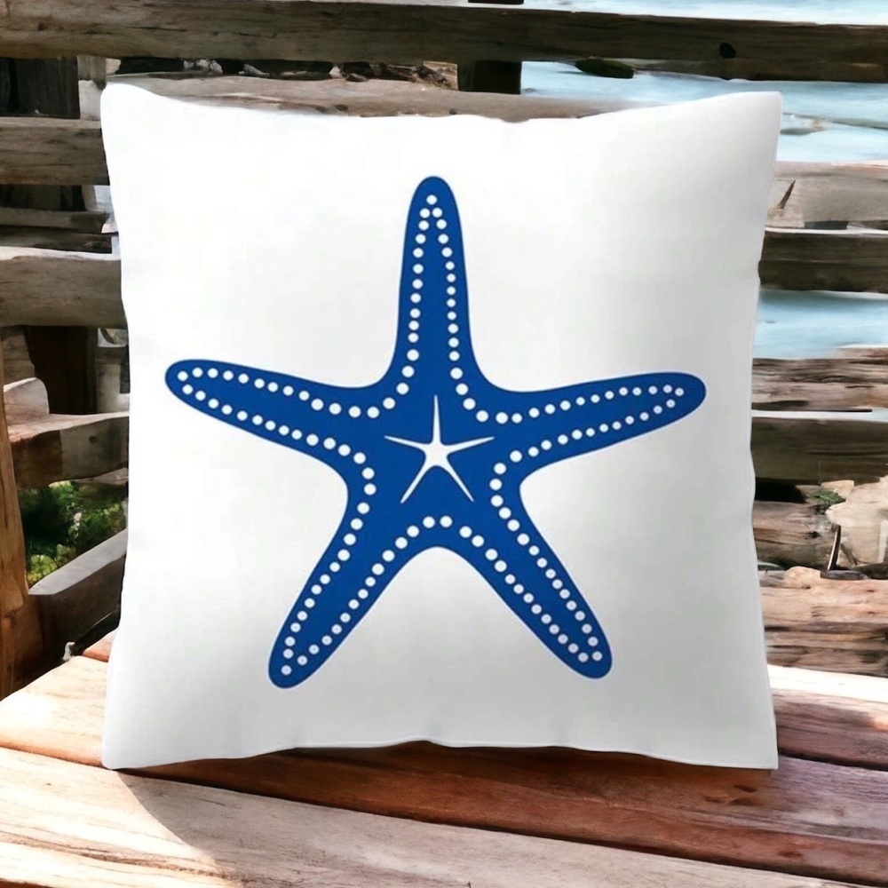 Pillow Cover Coastal Starfish Nautical Beach Zip Square White Blue 17.7 X 17.7 - Picture 8 of 13